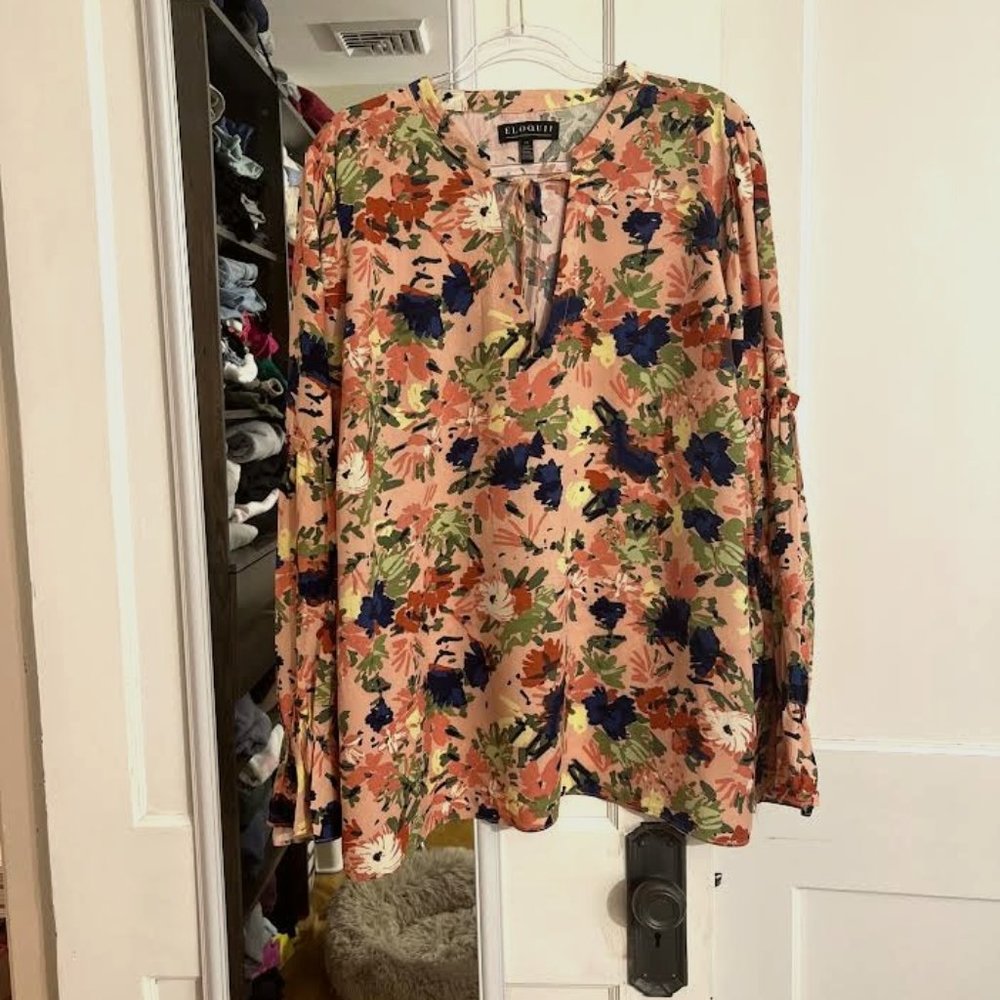 NWT ELOQUII Elements Soft Gathered Yoke Blouse in Spring Meadows Pink - Size 24